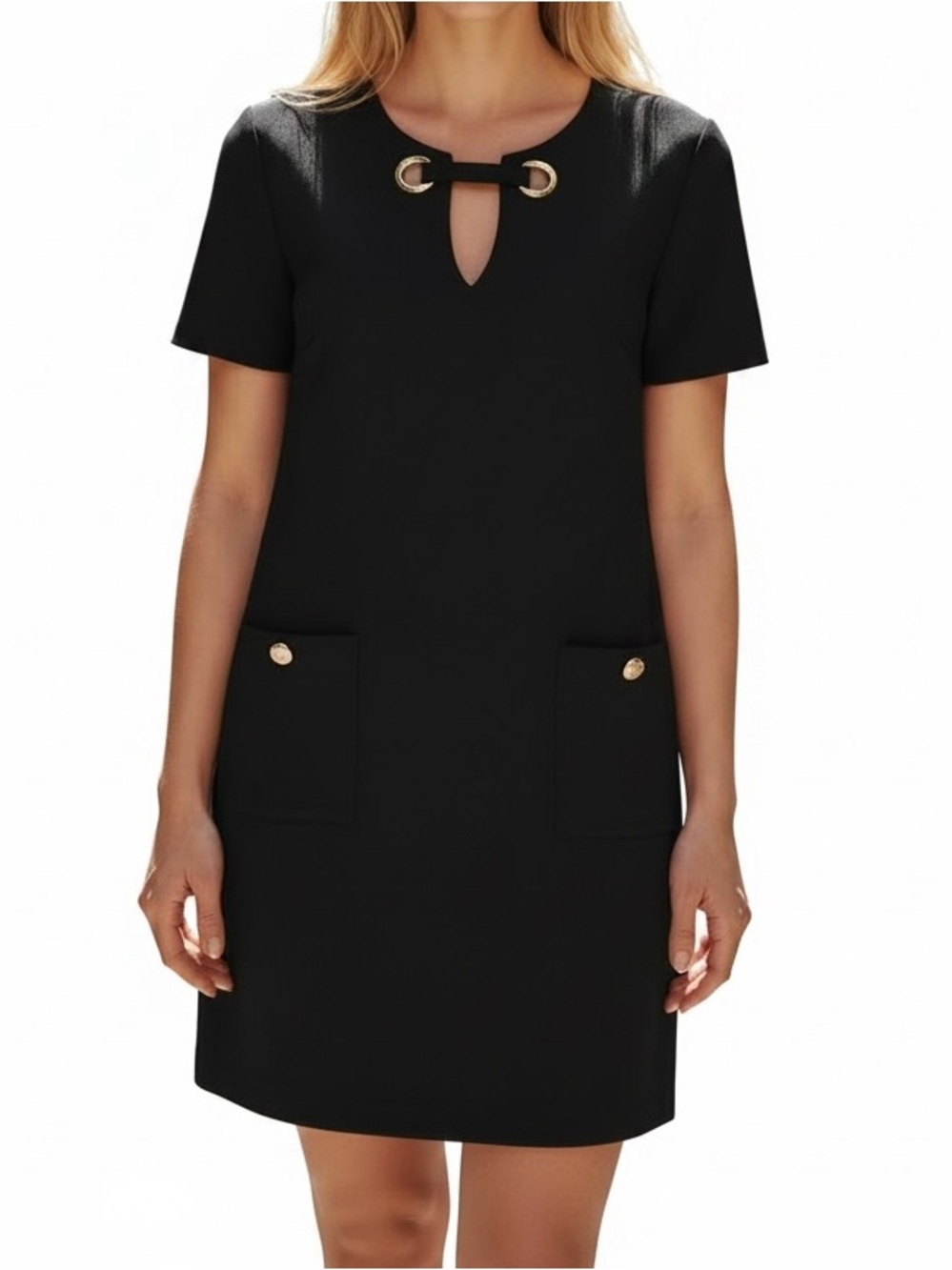 Tommy Hilfiger Black Short Sleeve Shift Dress with Gold Hardware